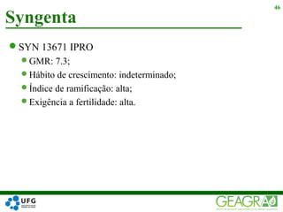 SYN 13671 IPRO
GMR: 7.3;
Hábito de crescimento: indeterminado;
Índice de ramificação: alta;
Exigência a fertilidade: alta.
Syngenta
46
 