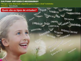 CULTIVAR VIRTUDES É NECESSÁRIO?
“Porque é uma disposição adquirida para se fazer o bem”Aristóteles
Subtema: Introdução
Quais são os tipos de virtudes?
 