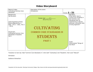 Video Storyboard
Name of video:                               Description of this scene:
Cultivating Common Core                      Introduction
Standards                                                                                                          Screen   1 of 21
Background:                                                                                                                  Narration:
Spring green                                                                                                                 What better way to
                                                                                                                             nurture your students in
                                                            Screen size: ____4:3______
                                                                                                                             the Common core
                                                                   16:9, 4:3, 3:2
                                                                                                                             Standards than by
Color/Type/Size of Font:                                                                                                     experiencing a natural,
Brown/Algerian/line 1 -                                                                                                      personal, connection with
60pt., line 2 – 24pt., line 3                                                                                                a living organism?
– 60 pt.

                                                   Cultivating
Actual text:
Cultivating Common Core
                                             Common Core Standards in
Standards in Students
Part I
                                                         Students
                                                                       Part i                                                Audio:
                                                                                                                             Instrumental “Wings of
                                                                                                                             the Wind”




Transition to next clip: fade “Common Core Standards in”, then both “Cultivating” and “Students”, then word “Natural”

Animation:

Audience Interaction:
                                               (Sketch screen here noting color, place, size of graphics if any)




Inspiration for this document: Maricopa Community College. http://www.mcli.dist.maricopa.edu/authoring/studio/index.html
 