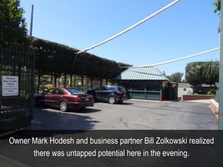 Founder Mark Hodesh and business partner Bill Zolkowski
realized this daytime parking lot held untapped potential.
 