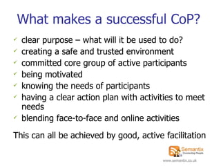 What makes a successful CoP? ,[object Object],[object Object],[object Object],[object Object],[object Object],[object Object],[object Object],[object Object]