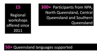 15
Regional
workshops
offered since
2011
300+ Participants from NPA,
North Queensland, Central
Queensland and Southern
Queensland
50+ Queensland languages supported
 