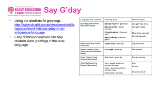 Say G’day
• Using the wordlists for greetings –
http://www.slq.qld.gov.au/resources/atsi/la
nguages/word-lists/say-gday-in-an-
indigenous-language
• Early childhood teachers can help
children learn greetings in the local
language
 