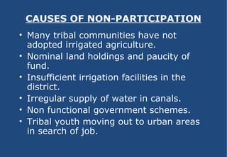 CAUSES OF NON-PARTICIPATION Many tribal communities have not adopted irrigated agriculture. Nominal land holdings and paucity of fund.  Insufficient irrigation facilities in the district. Irregular supply of water in canals. Non functional government schemes. Tribal youth moving out to urban areas in search of job. 