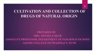 CULTIVATION AND COLLECTION OF
DRUGS OF NATURAL ORIGIN
PREPARED BY
MRS. MEGHA S SHAH
ASSISTANT PROFESSOR, DEPARTMENT OF PAHARMACOGNOSY
AISSMS COLLEGE OF PHARMACY, PUNE
1
 