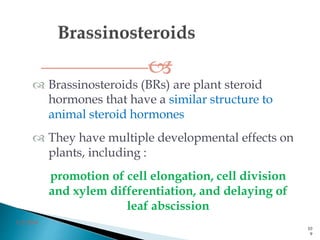 
 Brassinosteroids (BRs) are plant steroid
hormones that have a similar structure to
animal steroid hormones
 They have multiple developmental effects on
plants, including :
promotion of cell elongation, cell division
and xylem differentiation, and delaying of
leaf abscission
3/2/2014
10
9
 