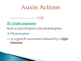 
10- Tropic responses
Such as gravitropism and phototropism
A-Phototropism
 is a growth movement induced by a light
stimulus
3/2/2014
66
Auxin Actions
 