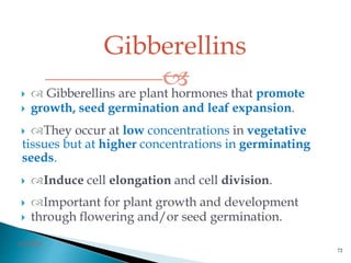 Gibberellins

3/2/2014
72
  Gibberellins are plant hormones that promote
 growth, seed germination and leaf expansion.
 They occur at low concentrations in vegetative
tissues but at higher concentrations in germinating
seeds.
 Induce cell elongation and cell division.
 Important for plant growth and development
 through flowering and/or seed germination.
 