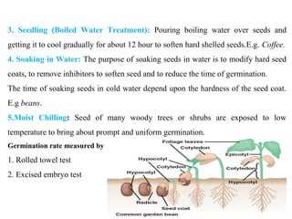 3. Seedling (Boiled Water Treatment): Pouring boiling water over seeds and
getting it to cool gradually for about 12 hour to soften hard shelled seeds.E.g. Coffee.
4. Soaking in Water: The purpose of soaking seeds in water is to modify hard seed
coats, to remove inhibitors to soften seed and to reduce the time of germination.
The time of soaking seeds in cold water depend upon the hardness of the seed coat.
E.g beans.
5.Moist Chilling: Seed of many woody trees or shrubs are exposed to low
temperature to bring about prompt and uniform germination.
Germination rate measured by
1. Rolled towel test
2. Excised embryo test
 