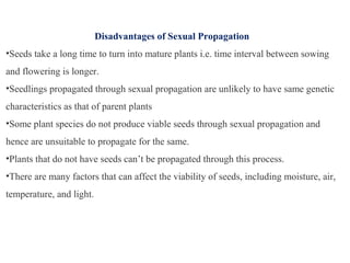 Disadvantages of Sexual Propagation
•Seeds take a long time to turn into mature plants i.e. time interval between sowing
and flowering is longer.
•Seedlings propagated through sexual propagation are unlikely to have same genetic
characteristics as that of parent plants
•Some plant species do not produce viable seeds through sexual propagation and
hence are unsuitable to propagate for the same.
•Plants that do not have seeds can’t be propagated through this process.
•There are many factors that can affect the viability of seeds, including moisture, air,
temperature, and light.
 