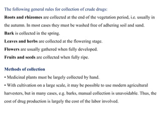 The following general rules for collection of crude drugs:
Roots and rhizomes are collected at the end of the vegetation period, i.e. usually in
the autumn. In most cases they must be washed free of adhering soil and sand.
Bark is collected in the spring.
Leaves and herbs are collected at the flowering stage.
Flowers are usually gathered when fully developed.
Fruits and seeds are collected when fully ripe.
Methods of collection
• Medicinal plants must be largely collected by hand.
• With cultivation on a large scale, it may be possible to use modern agricultural
harvesters, but in many cases, e.g. barks, manual collection is unavoidable. Thus, the
cost of drug production is largely the cost of the labor involved.
 