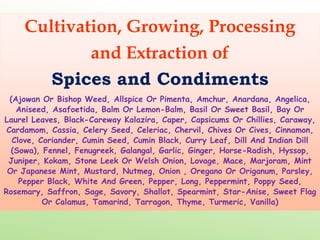 Cultivation, Growing, Processing
and Extraction of
Spices and Condiments
(Ajowan Or Bishop Weed, Allspice Or Pimenta, Amchur, Anardana, Angelica,
Aniseed, Asafoetida, Balm Or Lemon-Balm, Basil Or Sweet Basil, Bay Or
Laurel Leaves, Black-Careway Kalazira, Caper, Capsicums Or Chillies, Caraway,
Cardamom, Cassia, Celery Seed, Celeriac, Chervil, Chives Or Cives, Cinnamon,
Clove, Coriander, Cumin Seed, Cumin Black, Curry Leaf, Dill And Indian Dill
(Sowa), Fennel, Fenugreek, Galangal, Garlic, Ginger, Horse-Radish, Hyssop,
Juniper, Kokam, Stone Leek Or Welsh Onion, Lovage, Mace, Marjoram, Mint
Or Japanese Mint, Mustard, Nutmeg, Onion , Oregano Or Origanum, Parsley,
Pepper Black, White And Green, Pepper, Long, Peppermint, Poppy Seed,
Rosemary, Saffron, Sage, Savory, Shallot, Spearmint, Star-Anise, Sweet Flag
Or Calamus, Tamarind, Tarragon, Thyme, Turmeric, Vanilla)
 