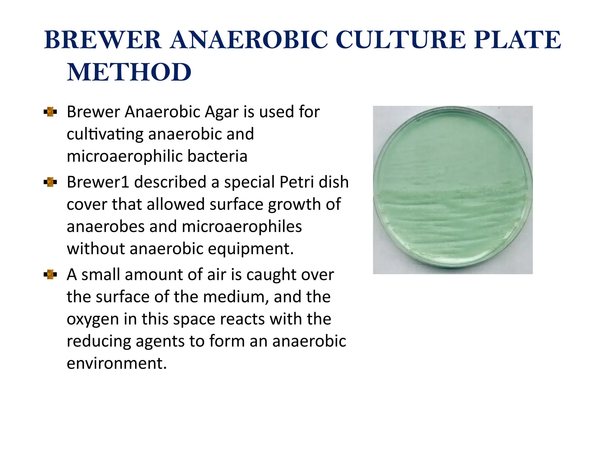 BREWER ANAEROBIC CULTURE PLATE
METHOD
Brewer Anaerobic Agar is used for
cultivating anaerobic and
microaerophilic bacteria
Brewer1 described a special Petri dish
cover that allowed surface growth of
anaerobes and microaerophiles
without anaerobic equipment.
A small amount of air is caught over
the surface of the medium, and the
oxygen in this space reacts with the
reducing agents to form an anaerobic
environment.
 