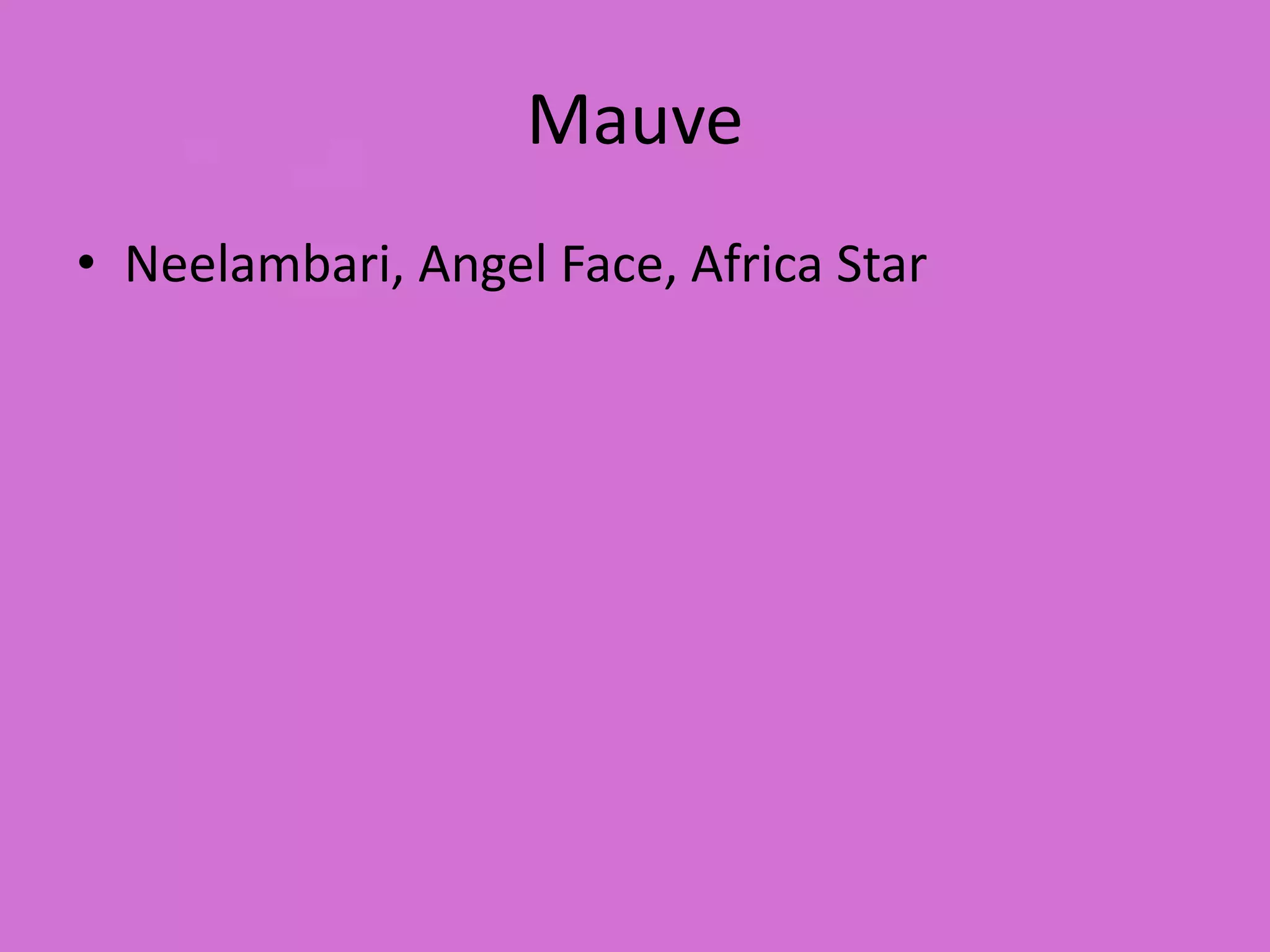 Mauve
• Neelambari, Angel Face, Africa Star
 