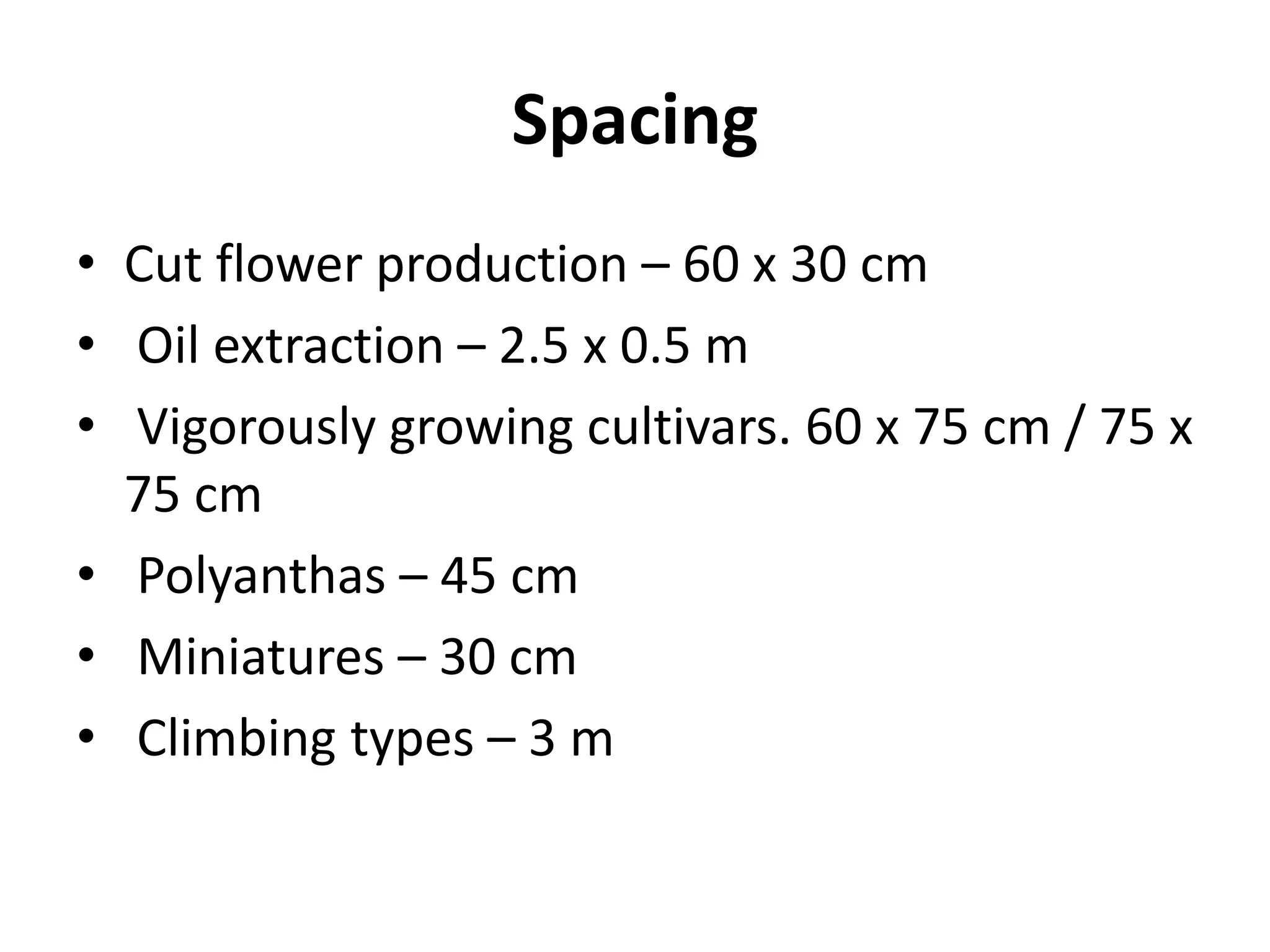 Spacing
• Cut flower production – 60 x 30 cm
• Oil extraction – 2.5 x 0.5 m
• Vigorously growing cultivars. 60 x 75 cm / 75 x
75 cm
• Polyanthas – 45 cm
• Miniatures – 30 cm
• Climbing types – 3 m
 