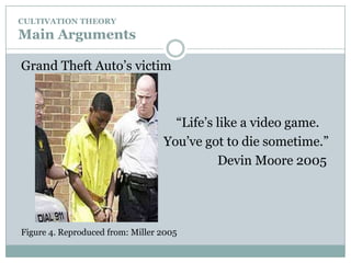 CULTIVATION THEORYMain Arguments . More fearful about life ( eg: worried about walking alone at night, overestimating the size of law enforcement, distrustful of people) . BUT they’re unaware of any influence of TV exposure on their attitudes.     