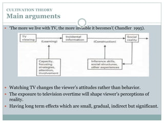 CULTIVATION THEORYMain arguments‘The more we live with TV, the more invisible it becomes’( Chandler  1995).Watching TV changes the viewer’s attitudes rather than behavior.The exposure to television overtime will shape viewer’s perceptions of reality. Having long term effects which are small, gradual, indirect but significant.