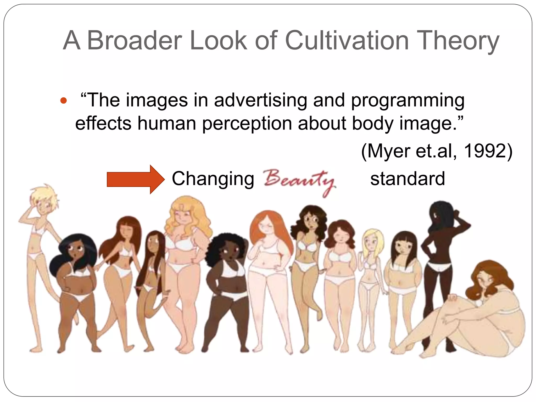 A Broader Look of Cultivation Theory
 “The images in advertising and programming
effects human perception about body image.”
(Myer et.al, 1992)
Changing standard
 