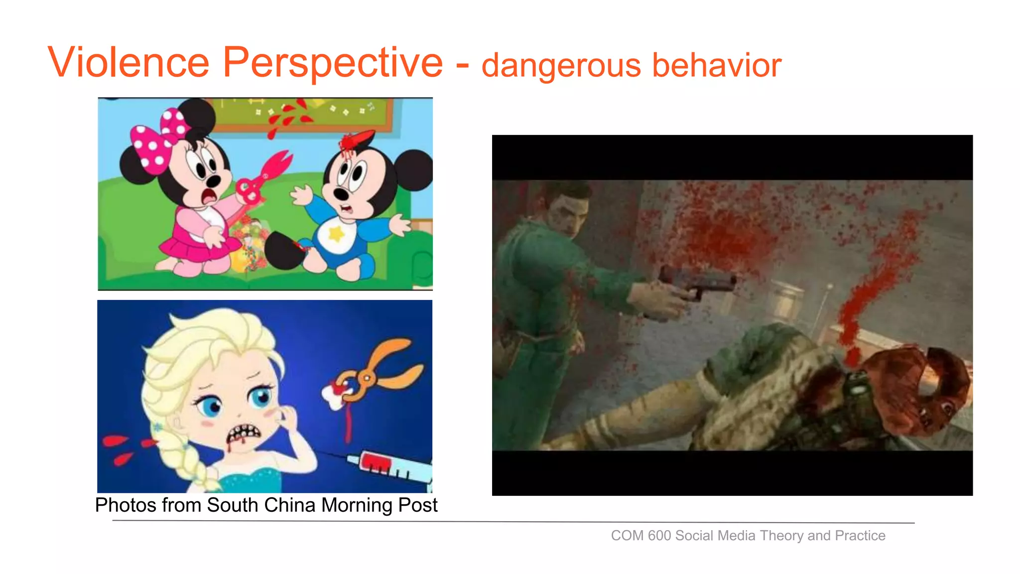 Violence Perspective - dangerous behavior
COM 600 Social Media Theory and Practice
Photos from South China Morning Post
 