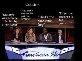 “Society’s
views can be
affected by
other issues”
“You didn’t
analyze the
positive
effects.”
“That’s too
simplistic,
Dog!”
“I feel the
audience is
too
passive….”
Criticism
 
