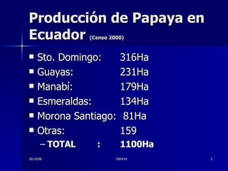 Producción de Papaya en Ecuador  (Censo 2000) Sto. Domingo: 316Ha Guayas: 231Ha Manabí: 179Ha Esmeraldas: 134Ha Morona Santiago:  81Ha Otras: 159 TOTAL : 1100Ha 