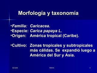 Morfología y taxonomía Familia: Caricacea. Especie:   Carica papaya L.   Origen:  América tropical (Caribe). Cultivo: Zonas tropicales y subtropicales  más cálidas. Se  expandió luego a  América del Sur y Asia. 