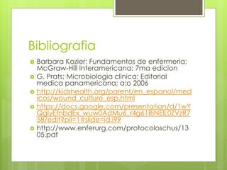 Bibliografia
 Barbara Kozier; Fundamentos de enfermeria;
McGraw-Hill Interamericana; 7ma edicion
 G. Prats; Microbiologia clinica; Editorial
medica panamericana; a;o 2006
 http://kidshealth.org/parent/en_espanol/med
icos/wound_culture_esp.html
 https://docs.google.com/presentation/d/1wY
QgIyEfnbdEx_wuw0AdMu6_r4g61RiNElL0ZVzR7
58/edit?pli=1#slide=id.i99
 http://www.enferurg.com/protocoloschus/13
05.pdf
 