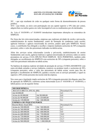 ASSUNTO: CULTIVO DE COGUMELO
DATA DE ATUALIZAÇÃO: 31/08/2006
20
XV - que seja resultante de cisão ou qualquer outra forma de desmembramento da pessoa
jurídica;
XVI - cujo titular, ou sócio com participação em seu capital superior a 10% (dez por cento),
adquira bens ou realize gastos em valor incompatível com os rendimentos por ele declarados.
As Leis nº 10.034/00 e nº 10.684/03 introduziram importantes alterações na sistemática do
SIMPLES.
Por força das leis retro-mencionadas, empresas que exploram atividade de creche e pré-escola,
estabelecimentos de ensino fundamental, centro de formação de condutores (auto escola),
agências lotéricas e agência terceirizadas de correios, podem optar pelo SIMPLES. Nesses
casos, o contribuinte fica obrigado a recolher o imposto mediante acréscimo de 50% (cinquenta
porcento), sobre o valor dos percentuais indicados na tabela acima.
Além dos serviços acima relacionados (creche e pré-escola, estabelecimentos de ensino
fundamental, auto escola, agências lotéricas e agência terceirizadas de correios), todos os outros
prestadores de serviço, CUJA OPÇÃO PELO SIMPLES SEJA PERMITIDA, também estão
obrigados ao recolhimento do SIMPLES com acréscimo de 50% (cinquenta porcento), sobre o
valor dos percentuais indicados na tabela acima.
Na hipótese da empresa explorar atividade de prestação de serviço, CUMULADAMENTE com
outra atividade estranha a serviço (indústria, comércio ou produtor rural), o acréscimo de 50%
(cinquenta porcento), sobre o valor dos percentuais da tabela acima, ocorre para fins de
apuração e recolhimento do SIMPLES, quando a receita com os serviços prestados, é igual ou
superior a 30% (trinta porcento) da receita total da empresa.
Nos casos que a legislação impõe acréscimo de 50% (cinquenta porcento) da alíquota, para fins
de apuração do SIMPLES, conforme acima mencionado (Leis nº 10.034/00 e nº 10.684/03), a
tabela passa a ser da seguinte forma:
MICROEMPRESA
RECEITA BRUTA ANUAL (R$) Percentual (%)
Até 60.000,00 4,5
Acima de 60.000,00 Até 90.000,00 6,0
Acima de 90.000,00 Até 120.000,00 7,5
Acima de 120.000,00 Até 240.000,00 8,1
EMPRESA DE PEQUENO PORTE
Receita Bruta Anual (R$) Percentual (%)
Acima de 240.000,00 Até 360.000,00 8,7
Acima de 360.000,00 Até 480.000,00 9,3
Acima de 480.000,00 Até 600.000,00 9,9
Acima de 600.000,00 Até 720.000,00 10,5
Acima de 720.000,00 Até 840.000,00 11,1
Acima de 840.000,00 Até 960.000,00 11,7
Acima de 960.000,00 Até 1.080.000,00 12,3
 