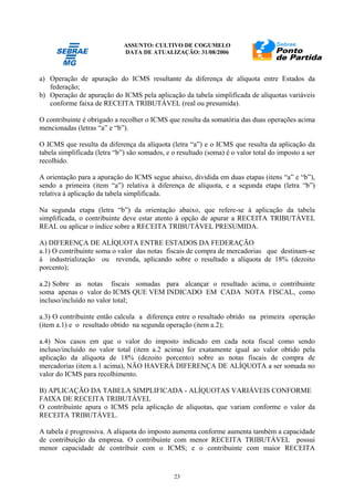 ASSUNTO: CULTIVO DE COGUMELO
DATA DE ATUALIZAÇÃO: 31/08/2006
23
a) Operação de apuração do ICMS resultante da diferença de alíquota entre Estados da
federação;
b) Operação de apuração do ICMS pela aplicação da tabela simplificada de alíquotas variáveis
conforme faixa de RECEITA TRIBUTÁVEL (real ou presumida).
O contribuinte é obrigado a recolher o ICMS que resulta da somatória das duas operações acima
mencionadas (letras “a” e “b”).
O ICMS que resulta da diferença da alíquota (letra “a”) e o ICMS que resulta da aplicação da
tabela simplificada (letra “b”) são somados, e o resultado (soma) é o valor total do imposto a ser
recolhido.
A orientação para a apuração do ICMS segue abaixo, dividida em duas etapas (itens “a” e “b”),
sendo a primeira (item “a”) relativa à diferença de alíquota, e a segunda etapa (letra “b”)
relativa à aplicação da tabela simplificada.
Na segunda etapa (letra “b”) da orientação abaixo, que refere-se à aplicação da tabela
simplificada, o contribuinte deve estar atento à opção de apurar a RECEITA TRIBUTÁVEL
REAL ou aplicar o índice sobre a RECEITA TRIBUTÁVEL PRESUMIDA.
A) DIFERENÇA DE ALÍQUOTA ENTRE ESTADOS DA FEDERAÇÃO
a.1) O contribuinte soma o valor das notas fiscais de compra de mercadorias que destinam-se
à industrialização ou revenda, aplicando sobre o resultado a alíquota de 18% (dezoito
porcento);
a.2) Sobre as notas fiscais somadas para alcançar o resultado acima, o contribuinte
soma apenas o valor do ICMS QUE VEM INDICADO EM CADA NOTA FISCAL, como
incluso/incluído no valor total;
a.3) O contribuinte então calcula a diferença entre o resultado obtido na primeira operação
(item a.1) e o resultado obtido na segunda operação (item a.2);
a.4) Nos casos em que o valor do imposto indicado em cada nota fiscal como sendo
incluso/incluído no valor total (item a.2 acima) for exatamente igual ao valor obtido pela
aplicação da alíquota de 18% (dezoito porcento) sobre as notas fiscais de compra de
mercadorias (item a.1 acima), NÃO HAVERÁ DIFERENÇA DE ALÍQUOTA a ser somada no
valor do ICMS para recolhimento.
B) APLICAÇÃO DA TABELA SIMPLIFICADA - ALÍQUOTAS VARIÁVEIS CONFORME
FAIXA DE RECEITA TRIBUTÁVEL
O contribuinte apura o ICMS pela aplicação de alíquotas, que variam conforme o valor da
RECEITA TRIBUTÁVEL.
A tabela é progressiva. A alíquota do imposto aumenta conforme aumenta também a capacidade
de contribuição da empresa. O contribuinte com menor RECEITA TRIBUTÁVEL possui
menor capacidade de contribuir com o ICMS; e o contribuinte com maior RECEITA
 