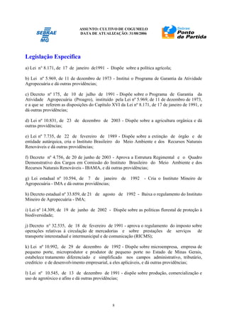 ASSUNTO: CULTIVO DE COGUMELO
DATA DE ATUALIZAÇÃO: 31/08/2006
8
Legislação Específica
a) Lei n° 8.171, de 17 de janeiro de1991 - Dispõe sobre a política agrícola;
b) Lei nº 5.969, de 11 de dezembro de 1973 - Institui o Programa de Garantia da Atividade
Agropecuária e dá outras providências;
c) Decreto nº 175, de 10 de julho de 1991 - Dispõe sobre o Programa de Garantia da
Atividade Agropecuária (Proagro), instituído pela Lei nº 5.969, de 11 de dezembro de 1973,
e a que se referem as disposições do Capítulo XVI da Lei nº 8.171, de 17 de janeiro de 1991, e
dá outras providências;
d) Lei nº 10.831, de 23 de dezembro de 2003 - Dispõe sobre a agricultura orgânica e dá
outras providências;
e) Lei nº 7.735, de 22 de fevereiro de 1989 - Dispõe sobre a extinção de órgão e de
entidade autárquica, cria o Instituto Brasileiro do Meio Ambiente e dos Recursos Naturais
Renováveis e dá outras providências;
f) Decreto nº 4.756, de 20 de junho de 2003 - Aprova a Estrutura Regimental e o Quadro
Demonstrativo dos Cargos em Comissão do Instituto Brasileiro do Meio Ambiente e dos
Recursos Naturais Renováveis - IBAMA, e dá outras providências;
g) Lei estadual nº 10.594, de 7 de janeiro de 1992 - Cria o Instituto Mineiro de
Agropecuária - IMA e dá outras providências;
h) Decreto estadual nº 33.859, de 21 de agosto de 1992 - Baixa o regulamento do Instituto
Mineiro de Agropecuária - IMA;
i) Lei nº 14.309, de 19 de junho de 2002 - Dispõe sobre as políticas florestal de proteção à
biodiversidade;
j) Decreto n° 32.535, de 18 de fevereiro de 1991 - aprova o regulamento do imposto sobre
operações relativas à circulação de mercadorias e sobre prestações de serviços de
transporte interestadual e intermunicipal e de comunicação (RICMS);
k) Lei nº 10.992, de 29 de dezembro de 1992 - Dispõe sobre microempresa, empresa de
pequeno porte, microprodutor e produtor de pequeno porte no Estado de Minas Gerais,
estabelece tratamento diferenciado e simplificado nos campos administrativo, tributário,
creditício e de desenvolvimento empresarial, a eles aplicáveis, e dá outras providências;
l) Lei nº 10.545, de 13 de dezembro de 1991 - dispõe sobre produção, comercialização e
uso de agrotóxico e afins e dá outras providências;
 
