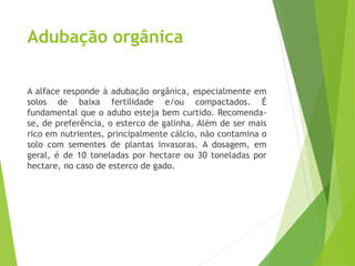 Adubação orgânica
A alface responde à adubação orgânica, especialmente em
solos de baixa fertilidade e/ou compactados. É
fundamental que o adubo esteja bem curtido. Recomenda-
se, de preferência, o esterco de galinha. Além de ser mais
rico em nutrientes, principalmente cálcio, não contamina o
solo com sementes de plantas invasoras. A dosagem, em
geral, é de 10 toneladas por hectare ou 30 toneladas por
hectare, no caso de esterco de gado.
 
