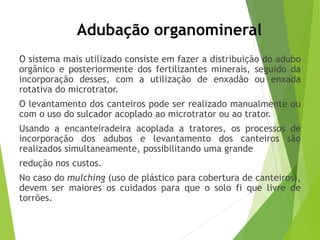 O sistema mais utilizado consiste em fazer a distribuição do adubo
orgânico e posteriormente dos fertilizantes minerais, seguido da
incorporação desses, com a utilização de enxadão ou enxada
rotativa do microtrator.
O levantamento dos canteiros pode ser realizado manualmente ou
com o uso do sulcador acoplado ao microtrator ou ao trator.
Usando a encanteiradeira acoplada a tratores, os processos de
incorporação dos adubos e levantamento dos canteiros são
realizados simultaneamente, possibilitando uma grande
redução nos custos.
No caso do mulching (uso de plástico para cobertura de canteiros),
devem ser maiores os cuidados para que o solo fi que livre de
torrões.
Adubação organomineral
 