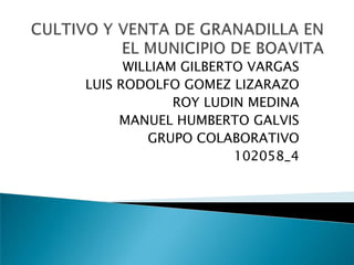 WILLIAM GILBERTO VARGAS
LUIS RODOLFO GOMEZ LIZARAZO
             ROY LUDIN MEDINA
     MANUEL HUMBERTO GALVIS
         GRUPO COLABORATIVO
                     102058_4
 