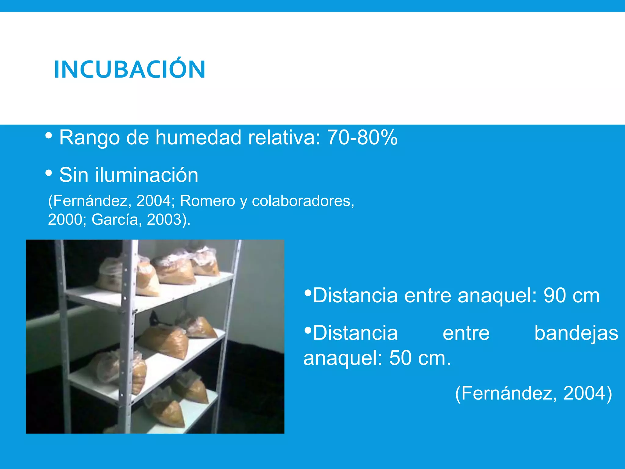 INCUBACIÓN
•Rango de temperatura: 24 ºC a 26 ºC
• Rango de humedad relativa: 70-80%
• Sin iluminación
•Distancia entre anaquel: 90 cm
•Distancia entre bandejas
anaquel: 50 cm.
(Fernández, 2004)
(Fernández, 2004; Romero y colaboradores,
2000; García, 2003).
 
