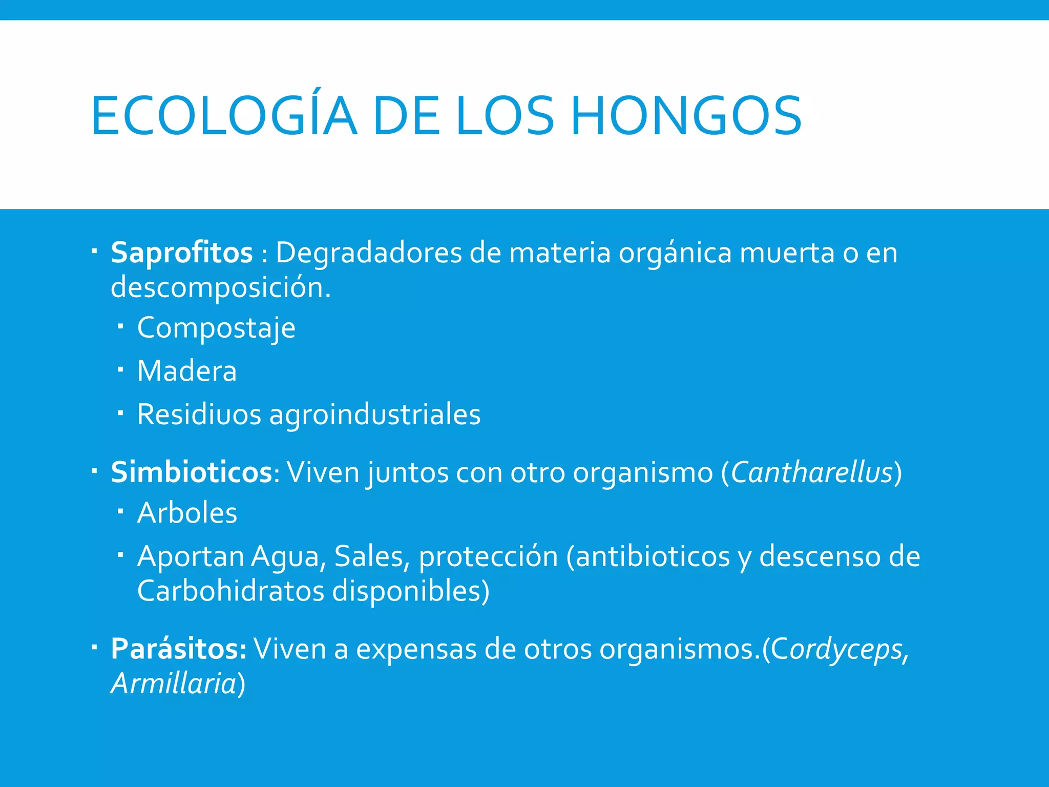 ECOLOGÍA DE LOS HONGOS
 Saprofitos : Degradadores de materia orgánica muerta o en
descomposición.
 Compostaje
 Madera
 Residiuos agroindustriales
 Simbioticos: Viven juntos con otro organismo (Cantharellus)
 Arboles
 Aportan Agua, Sales, protección (antibioticos y descenso de
Carbohidratos disponibles)
 Parásitos: Viven a expensas de otros organismos.(Cordyceps,
Armillaria)
 