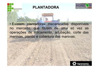 PLANTADORA
• Existem plantadoras mecanizadas disponíveis
no mercado, que fazem de uma só vez as
operações de sulcamento, adubação, corte das
manivas, plantio e cobertura das manivas.
 