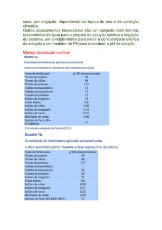saco, por irrigação, dependendo da época do ano e da condição
climática.
Outros equipamentos necessários são: um conjunto moto-bomba,
reservatórios de água para o preparo da solução nutritiva e irrigação
do sistema, um condutivímetro para medir a condutividade elétrica
da solução e um medidor de PH para descobrirr o pH da solução.
Manejo da solução nutritiva:
 