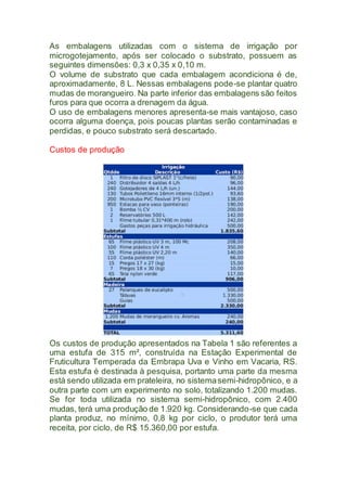 As embalagens utilizadas com o sistema de irrigação por
microgotejamento, após ser colocado o substrato, possuem as
seguintes dimensões: 0,3 x 0,35 x 0,10 m.
O volume de substrato que cada embalagem acondiciona é de,
aproximadamente, 8 L. Nessas embalagens pode-se plantar quatro
mudas de morangueiro. Na parte inferior das embalagens são feitos
furos para que ocorra a drenagem da água.
O uso de embalagens menores apresenta-se mais vantajoso, caso
ocorra alguma doença, pois poucas plantas serão contaminadas e
perdidas, e pouco substrato será descartado.
Custos de produção
Os custos de produção apresentados na Tabela 1 são referentes a
uma estufa de 315 m², construída na Estação Experimental de
Fruticultura Temperada da Embrapa Uva e Vinho em Vacaria, RS.
Esta estufa é destinada à pesquisa, portanto uma parte da mesma
está sendo utilizada em prateleira, no sistemasemi-hidropônico, e a
outra parte com um experimento no solo, totalizando 1.200 mudas.
Se for toda utilizada no sistema semi-hidropônico, com 2.400
mudas, terá uma produção de 1.920 kg. Considerando-se que cada
planta produz, no mínimo, 0,8 kg por ciclo, o produtor terá uma
receita, por ciclo, de R$ 15.360,00 por estufa.
 