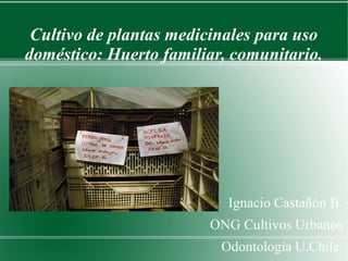 Cultivo de plantas medicinales para uso
doméstico: Huerto familiar, comunitario.
Ignacio Castañón B.
ONG Cultivos Urbanos
Odontología U.Chile.
 