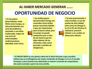 AL HABER MERCADO GENERAN …….
          OPORTUNIDAD DE NEGOCIO
• En los países                • Los ácidos grasos                • Se esta promoviendo a
desarrollados, tanto           denominados Omega son              nivel mundial, el uso de
EEUU como Europa, se           conocidos como ácidos              aceites de alta calidad,
esta presentando una           grasos esenciales debido           tales como los Omega 3,
serie de problemas             a que son importantes              6 y 9 en fin de eliminar el
asociados a una dieta          para la buena salud, pero          colesterol, prevenir
inadecuada, origen de          el cuerpo no puede                 infartos y ser usados en
una serie de                   producirlos por sí solo;           dietas para obesos.
enfermedades                   de tal manera que los
cardiovasculares,              debe obtener de los
obesidad, entre otros.         alimentos, tales como
                               pescado y semillas de
                               oleaginosas.



         • El SACHA INCHI es una planta nativa de la Selva Peruana cuyos estudios
         indican que es la Oleaginosa de mayor contenido de Omega 3 y 6 en el mundo.
         Prompex y otras fuentes han detectado un interés creciente de compradores
         del aceite extraído a partir de esta semilla.
 