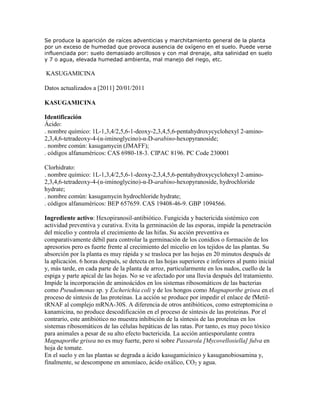 Se produce la aparición de raíces adventicias y marchitamiento general de la planta
por un exceso de humedad que provoca ausencia de oxígeno en el suelo. Puede verse
influenciada por: suelo demasiado arcillosos y con mal drenaje, alta salinidad en suelo
y 7 o agua, elevada humedad ambienta, mal manejo del riego, etc.

KASUGAMICINA

Datos actualizados a [2011] 20/01/2011

KASUGAMICINA

Identificación
Ácido:
. nombre químico: 1L-1,3,4/2,5,6-1-deoxy-2,3,4,5,6-pentahydroxycyclohexyl 2-amino-
2,3,4,6-tetradeoxy-4-(α-iminoglycino)-α-D-arabino-hexopyranoside;
. nombre común: kasugamycin (JMAFF);
. códigos alfanuméricos: CAS 6980-18-3. CIPAC 8196. PC Code 230001

Clorhidrato:
. nombre químico: 1L-1,3,4/2,5,6-1-deoxy-2,3,4,5,6-pentahydroxycyclohexyl 2-amino-
2,3,4,6-tetradeoxy-4-(α-iminoglycino)-α-D-arabino-hexopyranoside, hydrochloride
hydrate;
. nombre común: kasugamycin hydrochloride hydrate;
. códigos alfanuméricos: BEP 657659. CAS 19408-46-9. GBP 1094566.

Ingrediente activo: Hexopiranosil-antibiótico. Fungicida y bactericida sistémico con
actividad preventiva y curativa. Evita la germinación de las esporas, impide la penetración
del micelio y controla el crecimiento de las hifas. Su acción preventiva es
comparativamente débil para controlar la germinación de los conidios o formación de los
apresorios pero es fuerte frente al crecimiento del micelio en los tejidos de las plantas. Su
absorción por la planta es muy rápida y se trasloca por las hojas en 20 minutos después de
la aplicación. 6 horas después, se detecta en las hojas superiores e inferiores al punto inicial
y, más tarde, en cada parte de la planta de arroz, particularmente en los nudos, cuello de la
espiga y parte apical de las hojas. No se ve afectado por una lluvia después del tratamiento.
Impide la incorporación de aminoácidos en los sistemas ribosomáticos de las bacterias
como Pseudomonas sp. y Escherichia coli y de los hongos como Magnaporthe grisea en el
proceso de síntesis de las proteínas. La acción se produce por impedir el enlace de fMetil-
tRNAF al complejo mRNA-30S. A diferencia de otros antibióticos, como estreptomicina o
kanamicina, no produce descodificación en el proceso de síntesis de las proteínas. Por el
contrario, este antibiótico no muestra inhibición de la síntesis de las proteínas en los
sistemas ribosomáticos de las células hepáticas de las ratas. Por tanto, es muy poco tóxico
para animales a pesar de su alto efecto bactericida. La acción antiesporulante contra
Magnaporthe grisea no es muy fuerte, pero sí sobre Passarola [Mycovellosiella] fulva en
hoja de tomate.
En el suelo y en las plantas se degrada a ácido kasugamicínico y kasuganobiosamina y,
finalmente, se descompone en amoníaco, ácido oxálico, CO2 y agua.
 