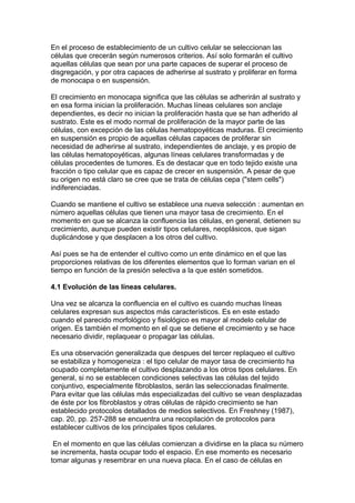 En el proceso de establecimiento de un cultivo celular se seleccionan las 
células que crecerán según numerosos criterios. Así solo formarán el cultivo 
aquellas células que sean por una parte capaces de superar el proceso de 
disgregación, y por otra capaces de adherirse al sustrato y proliferar en forma 
de monocapa o en suspensión. 
El crecimiento en monocapa significa que las células se adherirán al sustrato y 
en esa forma inician la proliferación. Muchas líneas celulares son anclaje 
dependientes, es decir no inician la proliferación hasta que se han adherido al 
sustrato. Este es el modo normal de proliferación de la mayor parte de las 
células, con excepción de las células hematopoyéticas maduras. El crecimiento 
en suspensión es propio de aquellas células capaces de proliferar sin 
necesidad de adherirse al sustrato, independientes de anclaje, y es propio de 
las células hematopoyéticas, algunas líneas celulares transformadas y de 
células procedentes de tumores. Es de destacar que en todo tejido existe una 
fracción o tipo celular que es capaz de crecer en suspensión. A pesar de que 
su origen no está claro se cree que se trata de células cepa ("stem cells") 
indiferenciadas. 
Cuando se mantiene el cultivo se establece una nueva selección : aumentan en 
número aquellas células que tienen una mayor tasa de crecimiento. En el 
momento en que se alcanza la confluencia las células, en general, detienen su 
crecimiento, aunque pueden existir tipos celulares, neoplásicos, que sigan 
duplicándose y que desplacen a los otros del cultivo. 
Así pues se ha de entender el cultivo como un ente dinámico en el que las 
proporciones relativas de los diferentes elementos que lo forman varian en el 
tiempo en función de la presión selectiva a la que estén sometidos. 
4.1 Evolución de las líneas celulares. 
Una vez se alcanza la confluencia en el cultivo es cuando muchas líneas 
celulares expresan sus aspectos más característicos. Es en este estado 
cuando el parecido morfológico y fisiológico es mayor al modelo celular de 
origen. Es también el momento en el que se detiene el crecimiento y se hace 
necesario dividir, replaquear o propagar las células. 
Es una observación generalizada que despues del tercer replaqueo el cultivo 
se estabiliza y homogeneiza : el tipo celular de mayor tasa de crecimiento ha 
ocupado completamente el cultivo desplazando a los otros tipos celulares. En 
general, si no se establecen condiciones selectivas las células del tejido 
conjuntivo, especialmente fibroblastos, serán las seleccionadas finalmente. 
Para evitar que las células más especializadas del cultivo se vean desplazadas 
de éste por los fibroblastos y otras células de rápido crecimiento se han 
establecido protocolos detallados de medios selectivos. En Freshney (1987), 
cap. 20, pp. 257-288 se encuentra una recopilación de protocolos para 
establecer cultivos de los principales tipos celulares. 
En el momento en que las células comienzan a dividirse en la placa su número 
se incrementa, hasta ocupar todo el espacio. En ese momento es necesario 
tomar algunas y resembrar en una nueva placa. En el caso de células en 
 