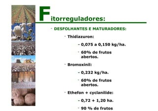 - DESFOLHANTES E MATURADORES:
- Thidiazuron:
- 0,075 a 0,150 kg/ha.
- 60% de frutos
abertos.
- Bromoxinil:
- 0,232 kg/ha.
- 60% de frutos
abertos.
- Ethefon + cyclanilide:
- 0,72 + 1,20 ha.
- 90 % de frutos
Fitorreguladores:
 