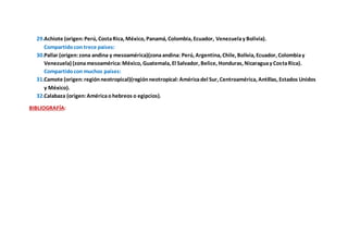 29.Achiote (origen:Perú, CostaRica, México, Panamá, Colombia, Ecuador, Venezuelay Bolivia).
Compartidocon trece países:
30.Pallar (origen:zona andina y mesoamérica)(zonaandina: Perú, Argentina, Chile, Bolivia, Ecuador, Colombiay
Venezuela) (zonamesoamérica:México, Guatemala, El Salvador, Belice, Honduras, Nicaraguay CostaRica).
Compartidocon muchos países:
31.Camote (origen:regiónneotropical)(regiónneotropical:Américadel Sur, Centroamérica, Antillas, Estados Unidos
y México).
32.Calabaza (origen:Américaohebreos o egipcios).
BIBLIOGRAFÍA:
 