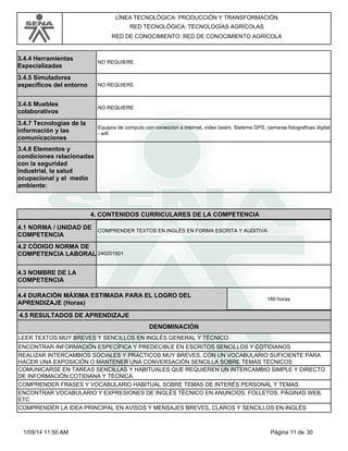LÍNEA TECNOLÓGICA: PRODUCCIÓN Y TRANSFORMACIÓN 
RED TECNOLÓGICA: TECNOLOGÍAS AGRÍCOLAS 
RED DE CONOCIMIENTO: RED DE CONOCIMIENTO AGRÍCOLA 
3.4.4 Herramientas 
Especializadas NO REQUIERE 
3.4.5 Simuladores 
específicos del entorno NO REQUIERE 
3.4.6 Muebles 
colaborativos NO REQUIERE 
3.4.7 Tecnologías de la 
información y las 
comunicaciones 
Equipos de computo con coneccion a internet, video beam, Sistema GPS, camaras fotograficas digital 
- wifi 
3.4.8 Elementos y 
condiciones relacionadas 
con la seguridad 
industrial, la salud 
ocupacional y el medio 
ambiente: 
4. CONTENIDOS CURRICULARES DE LA COMPETENCIA 
COMPRENDER TEXTOS EN INGLÉS EN FORMA ESCRITA Y AUDITIVA 4.1 NORMA / UNIDAD DE 
COMPETENCIA 
240201501 
4.2 CÓDIGO NORMA DE 
COMPETENCIA LABORAL 
4.3 NOMBRE DE LA 
COMPETENCIA 
4.4 DURACIÓN MÁXIMA ESTIMADA PARA EL LOGRO DEL 
APRENDIZAJE (Horas) 180 horas 
4.5 RESULTADOS DE APRENDIZAJE 
DENOMINACIÓN 
LEER TEXTOS MUY BREVES Y SENCILLOS EN INGLÉS GENERAL Y TÉCNICO 
ENCONTRAR INFORMACIÓN ESPECÍFICA Y PREDECIBLE EN ESCRITOS SENCILLOS Y COTIDIANOS 
REALIZAR INTERCAMBIOS SOCIALES Y PRÁCTICOS MUY BREVES, CON UN VOCABULARIO SUFICIENTE PARA 
HACER UNA EXPOSICIÓN O MANTENER UNA CONVERSACIÓN SENCILLA SOBRE TEMAS TÉCNICOS 
COMUNICARSE EN TAREAS SENCILLAS Y HABITUALES QUE REQUIEREN UN INTERCAMBIO SIMPLE Y DIRECTO 
DE INFORMACIÓN COTIDIANA Y TÉCNICA 
COMPRENDER FRASES Y VOCABULARIO HABITUAL SOBRE TEMAS DE INTERÉS PERSONAL Y TEMAS 
ENCONTRAR VOCABULARIO Y EXPRESIONES DE INGLÉS TÉCNICO EN ANUNCIOS, FOLLETOS, PÁGINAS WEB, 
ETC 
COMPRENDER LA IDEA PRINCIPAL EN AVISOS Y MENSAJES BREVES, CLAROS Y SENCILLOS EN INGLÉS 
1/09/14 11:50 AM Página 11 de 30 
 