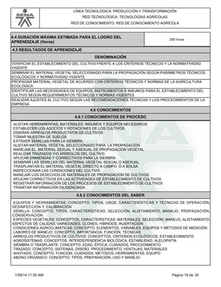LÍNEA TECNOLÓGICA: PRODUCCIÓN Y TRANSFORMACIÓN 
RED TECNOLÓGICA: TECNOLOGÍAS AGRÍCOLAS 
RED DE CONOCIMIENTO: RED DE CONOCIMIENTO AGRÍCOLA 
4.4 DURACIÓN MÁXIMA ESTIMADA PARA EL LOGRO DEL 
APRENDIZAJE (Horas) 295 horas 
4.5 RESULTADOS DE APRENDIZAJE 
DENOMINACIÓN 
VERIFICAR EL ESTABLECIMIENTO DEL CULTIVO FRENTE A LOS CRITERIOS TÉCNICOS Y LA NORMATIVIDAD 
VIGENTE 
SEMBRAR EL MATERIAL VEGETAL SELECCIONADO PARA LA PROPAGACIÓN SEGÚN PARÁMETROS TÉCNICOS, 
ECOLÓGICOS Y NORMATIVIDAD VIGENTE 
PROPAGAR MATERIAL VEGETAL DE ACUERDO CON CRITERIOS TÉCNICOS Y NORMAS DE LA AGRICULTURA 
ECOLÓGICA 
IDENTIFICAR LAS NECESIDADES DE EQUIPOS, INSTRUMENTOS E INSUMOS PARA EL ESTABLECIMIENTO DEL 
CULTIVO SEGÚN REQUERIMIENTOS TÉCNICOS Y NORMAS VIGENTES 
REALIZAR AJUSTES AL CULTIVO SEGÚN LAS RECOMENDACIONES TÉCNICAS Y LOS PROCEDIMIENTOS DE LA 
EMPRESA 
4.6 CONOCIMIENTOS 
4.6.1 CONOCIMIENTOS DE PROCESO 
ALISTAR HERRAMIENTAS, MATERIALES, INSUMOS Y EQUIPOS NECESARIOS 
ESTABLECER LOS ASOCIOS Y ROTACIONES DE LOS CULTIVOS 
DISEÑAR ARREGLOS PRODUCTIVOS DE CULTIVOS 
TOMAR MUESTRA DE SUELOS 
EXTRAER SEMILLAS PARA LA SIEMBRA 
ALISTAR MATERIAL VEGETAL SELECCIONADO PARA LA PROPAGACIÓN 
MANEJAR EL MATERIAL SEXUAL Y ASEXUAL DE PROPAGACIÓN VEGETAL 
REALIZAR TRAZADOS Y/O ARREGLOS DEL CULTIVO 
APLICAR ENMIENDAS Y CORRECTIVOS PARA LA SIEMBRA 
SEMBRAR LAS SEMILLAS DEL MATERIAL VEGETAL SEXUAL O ASEXUAL 
TRASPLANTAR EL MATERIAL VEGETAL DIRECTO A CAMPO Ó A BOLSA 
INSPECCIONAR LAS CONDICIONES DEL CULTIVO 
MANEJAR LOS DESECHOS DE MATERIALES DE PROPAGACIÓN DE CULTIVOS 
APLICAR CORRECTIVOS EN LAS ACTIVIDADES DE ESTABLECIMIENTO DE CULTIVOS 
REGISTRAR INFORMACIÓN DE LOS PROCESOS DE ESTABLECIMIENTO DE CULTIVOS 
TRAMITAR INFORMACIÓN DILIGENCIADA 
4.6.2 CONOCIMIENTOS DEL SABER 
EQUIPOS Y HERRAMIENTAS: CONCEPTO, TIPOS, USOS, CARACTERÍSTICAS Y TÉCNICAS DE OPERACIÓN, 
DESINFECCIÓN Y CALIBRACIÓN 
SEMILLA: CONCEPTO, TIPOS, CARACTERÍSTICAS, SELECCIÓN, ALISTAMIENTO, MANEJO, PROPAGACIÓN, 
CONSERVACIÓN 
ESPECIES VEGETALES: CONCEPTOS, CARACTERÍSTICAS, MATERIALES, SELECCIÓN, MANEJO, ALISTAMIENTO, 
ASPECTOS DE CALIDAD, VARIEDADES, CLONES, HÍBRIDOS, INJERTACIÓN 
CONDICIONES AGROCLIMÁTICAS: CONCEPTO, ELEMENTOS, VARIABLES, EQUIPOS Y MÉTODOS DE MEDICIÓN 
LABORES DE MANEJO: CONCEPTO, IMPORTANCIA, FUNCIÓN, TÉCNICAS 
ARREGLOS PRODUCTIVOS DE CULTIVOS: CONCEPTOS, CRITERIOS ECOLÓGICOS, ESTABLECIMIENTO 
AGROSISTEMAS: CONCEPTOS, INTERDEPENDENCIA BIOLÓGICA, ESTABILIDAD, ALELOPATÍA 
SIEMBRA O TRASPLANTE: CONCEPTO, EDAD, ÉPOCA, CUIDADOS, PROCEDIMIENTO 
TRAZADO: CONCEPTO, SISTEMAS, DISEÑO, PROCEDIMIENTO, VENTAJAS, MATERIALES 
AHOYADO: CONCEPTO, FUNCIÓN, CUIDADOS, MÉTODOS, HERRAMIENTAS, EQUIPO 
ABONO ORGÁNICO: CONCEPTO, TIPOS, PREPARACIÓN, USO Y MANEJO 
1/09/14 11:50 AM Página 18 de 30 
 