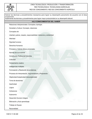 LÍNEA TECNOLÓGICA: PRODUCCIÓN Y TRANSFORMACIÓN 
RED TECNOLÓGICA: TECNOLOGÍAS AGRÍCOLAS 
RED DE CONOCIMIENTO: RED DE CONOCIMIENTO AGRÍCOLA 
Valorar las técnicas y procedimientos necesarios para lograr su desempeño psicomotriz de acuerdo con el área 
ocupacional. 
Implementar las técnicas y procedimientos para lograr mayor productividad en su desempeño laboral. 
4.6.2 CONOCIMIENTOS DEL SABER 
· Relaciones interpersonales: Conceptos, tipología. 
· Sociedad y Cultura: Concepto, relaciones 
· Conceptos de: 
· Libertad, justicia, respeto, responsabilidad, tolerancia y solidaridad 
· Alteridad 
· Dignidad humana 
· Derechos Humanos 
· Principios y Valores éticos universales 
· Normas de convivencia 
· Constitución Política de Colombia 
· Criticidad 
· Pensamiento creativo 
· Inteligencias múltiples 
· Formulación y Resolución de problemas 
· Procesos de Interpretación, Argumentación y Proposición. 
· Objetividad-Subjetividad-Intersubjetividad 
· Toma de decisiones 
· Asertividad 
· Lógica 
· Coherencia 
· Autonomía 
· Desarrollo Humano Integral 
· Motivación y Auto aprendizaje 
· Trabajo en Equipo 
· Racionalidad 
1/09/14 11:50 AM Página 24 de 30 
 