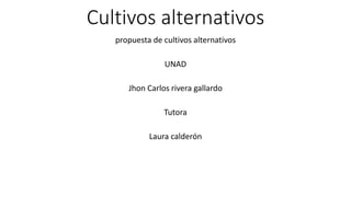 Cultivos alternativos
propuesta de cultivos alternativos
UNAD
Jhon Carlos rivera gallardo
Tutora
Laura calderón
 