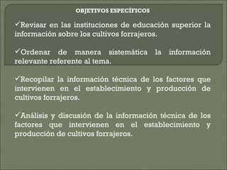 OBJETIVOS ESPECÍFICOS
 
Revisar en las instituciones de educación superior la
información sobre los cultivos forrajeros.
 
Ordenar de manera sistemática la información
relevante referente al tema.
 
Recopilar la información técnica de los factores que
intervienen en el establecimiento y producción de
cultivos forrajeros.
 
Análisis y discusión de la información técnica de los
factores que intervienen en el establecimiento y
producción de cultivos forrajeros.
 