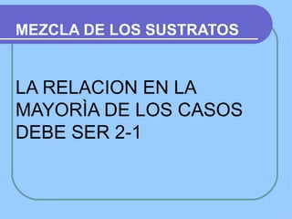 MEZCLA DE LOS SUSTRATOS


LA RELACION EN LA
MAYORÌA DE LOS CASOS
DEBE SER 2-1
 